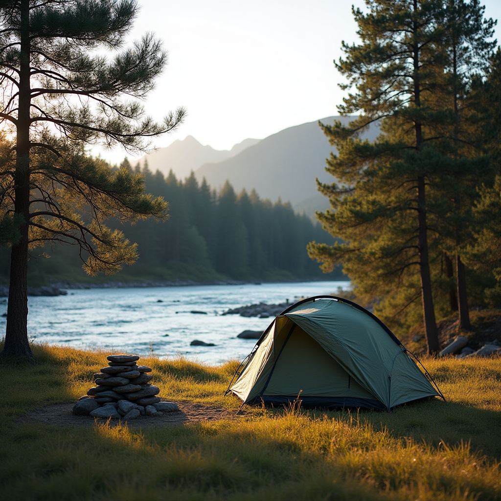 Camping agreste junto a un río de montaña con carpa armada