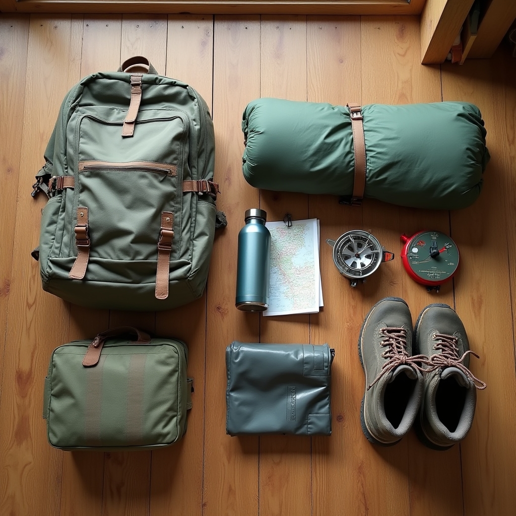 Equipamiento de viaje ordenado sobre una mesa de madera antes de salir