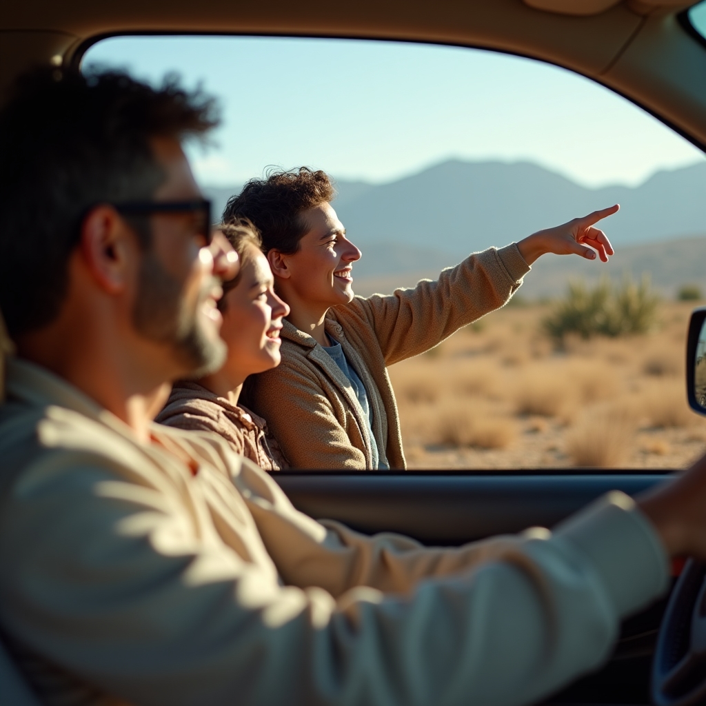 Familia observando el paisaje desde la ventanilla de un auto en ruta