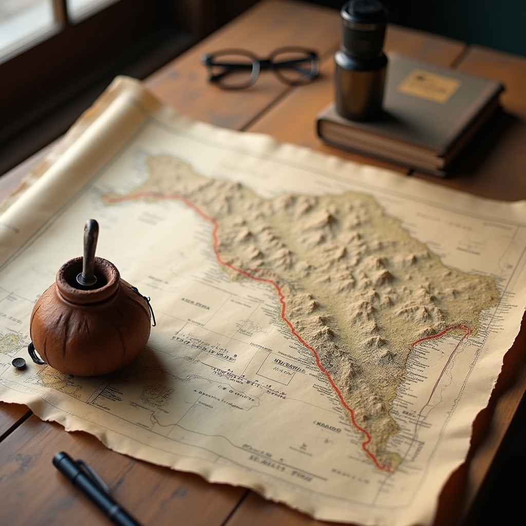 Mapa de ruta desplegado sobre una mesa junto a un mate