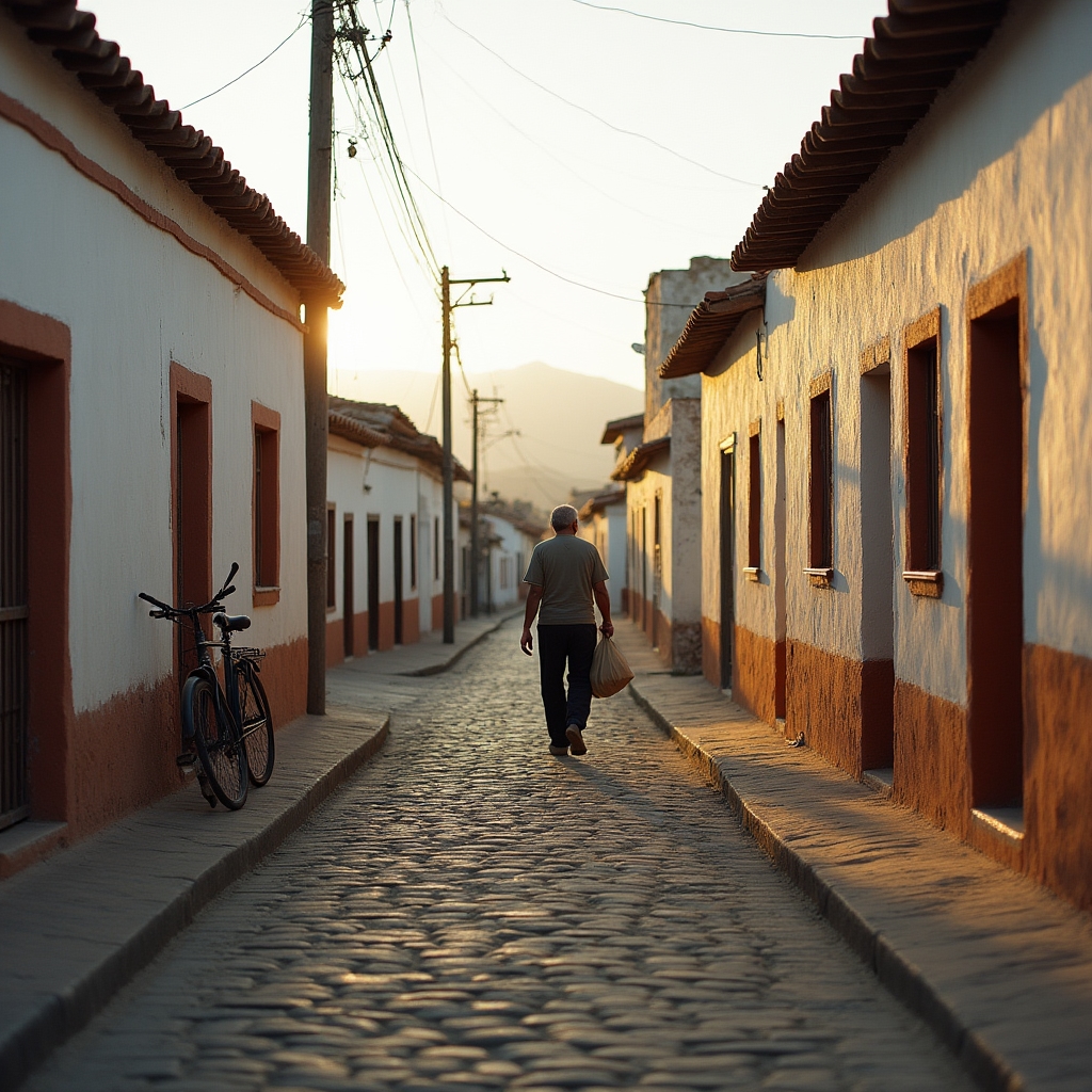 Calle de adoquines de un pueblo chico del norte argentino al atardecer